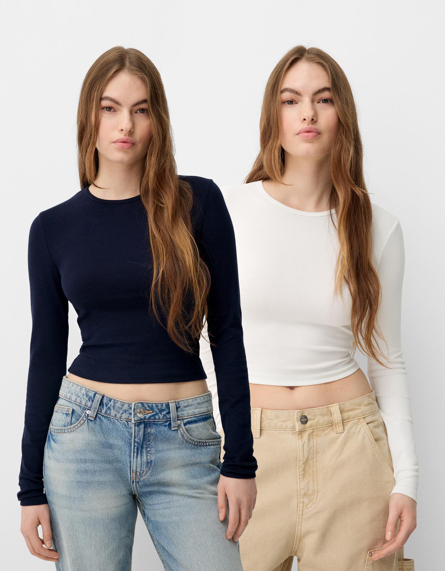 Bershka 2er-Pack Langarmshirts Mit Langen Ärmeln Und Rundausschnitt Damen S günstig online kaufen