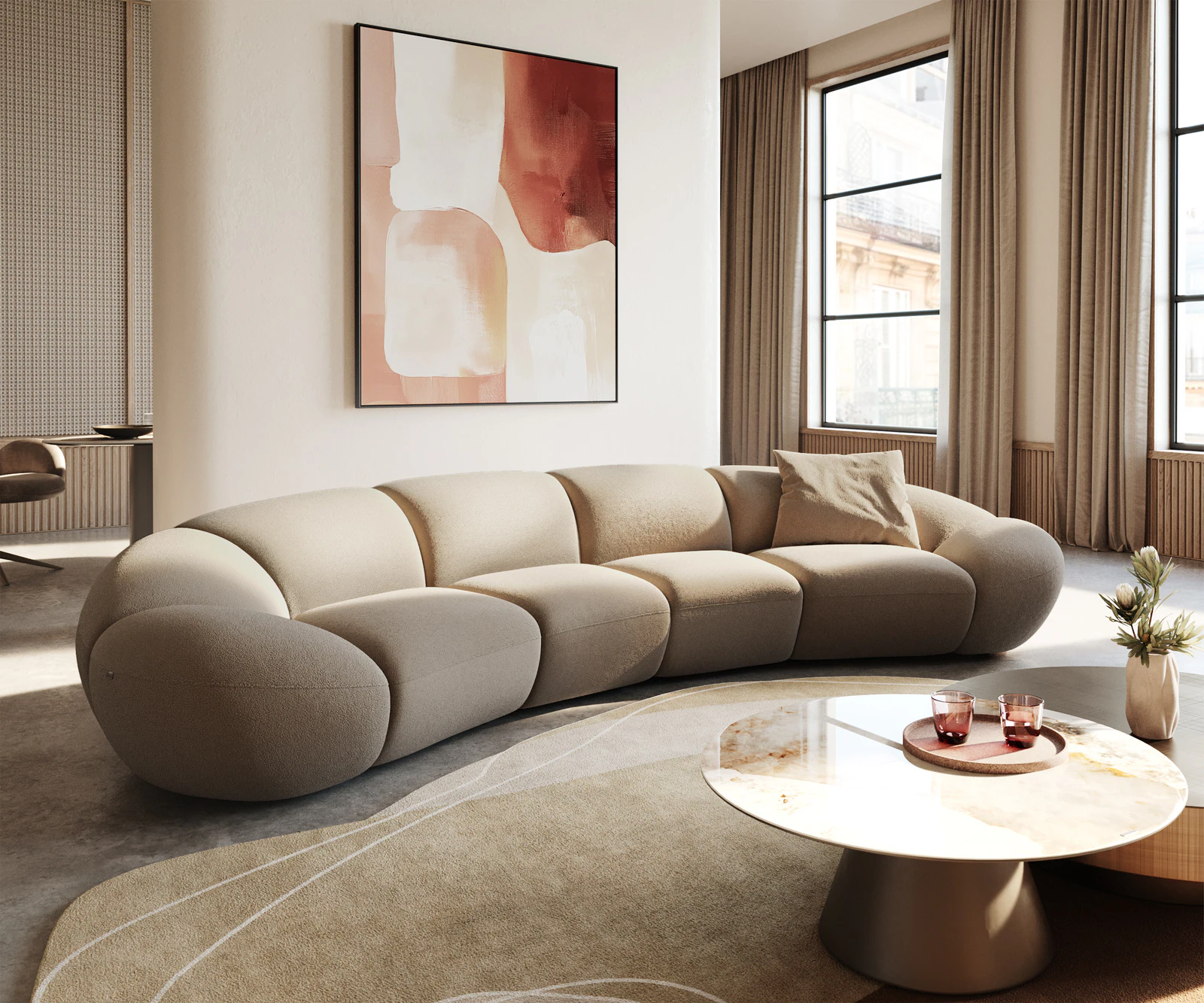 Big-Sofa Lunna 360x175 cm Fein Bouclé Taupe 2 Kissen günstig online kaufen