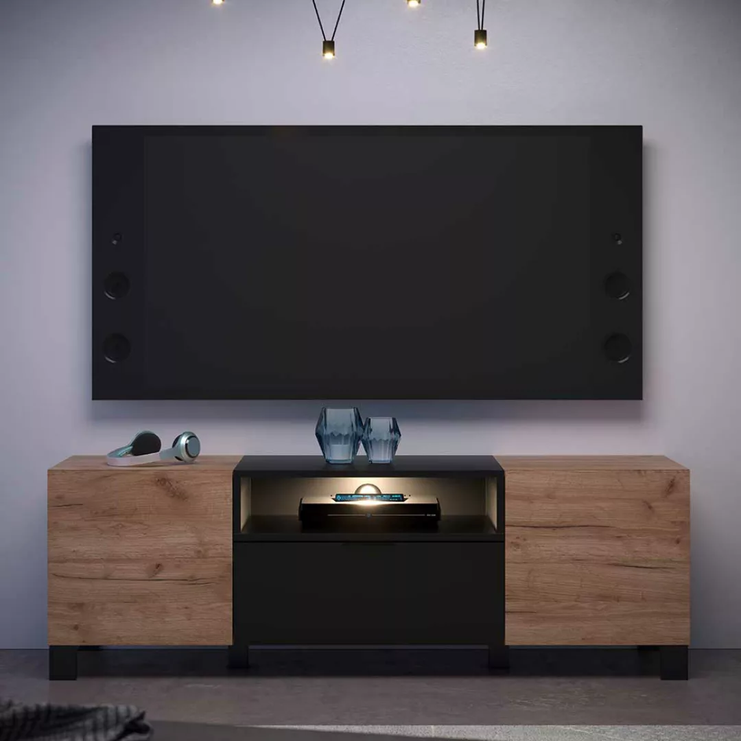 Fernsehlowboard modern in Eiche dunkel und Schwarz 144 cm breit günstig online kaufen