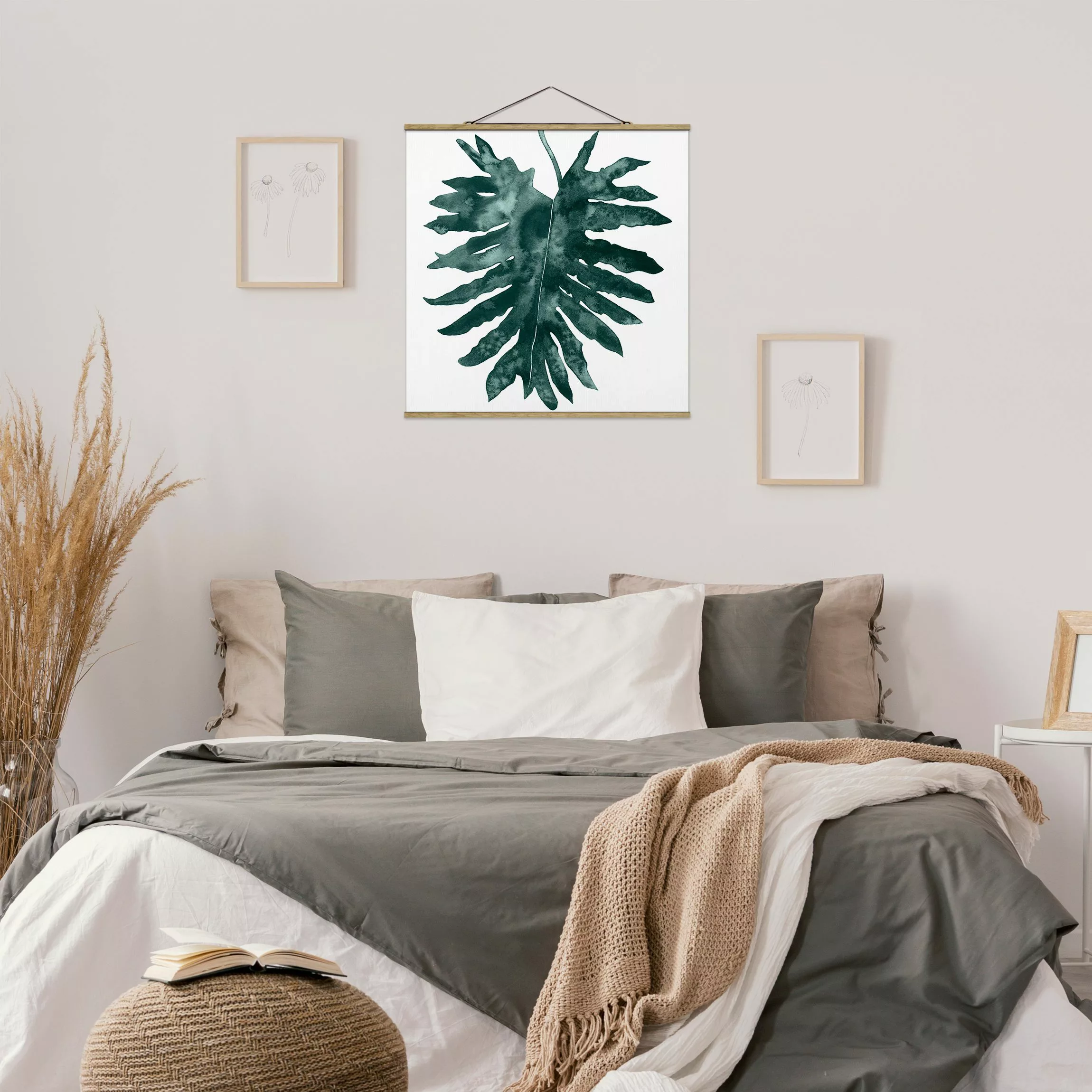 Stoffbild Blumen mit Posterleisten - Quadrat Smaragdgrüner Philodendron Bip günstig online kaufen