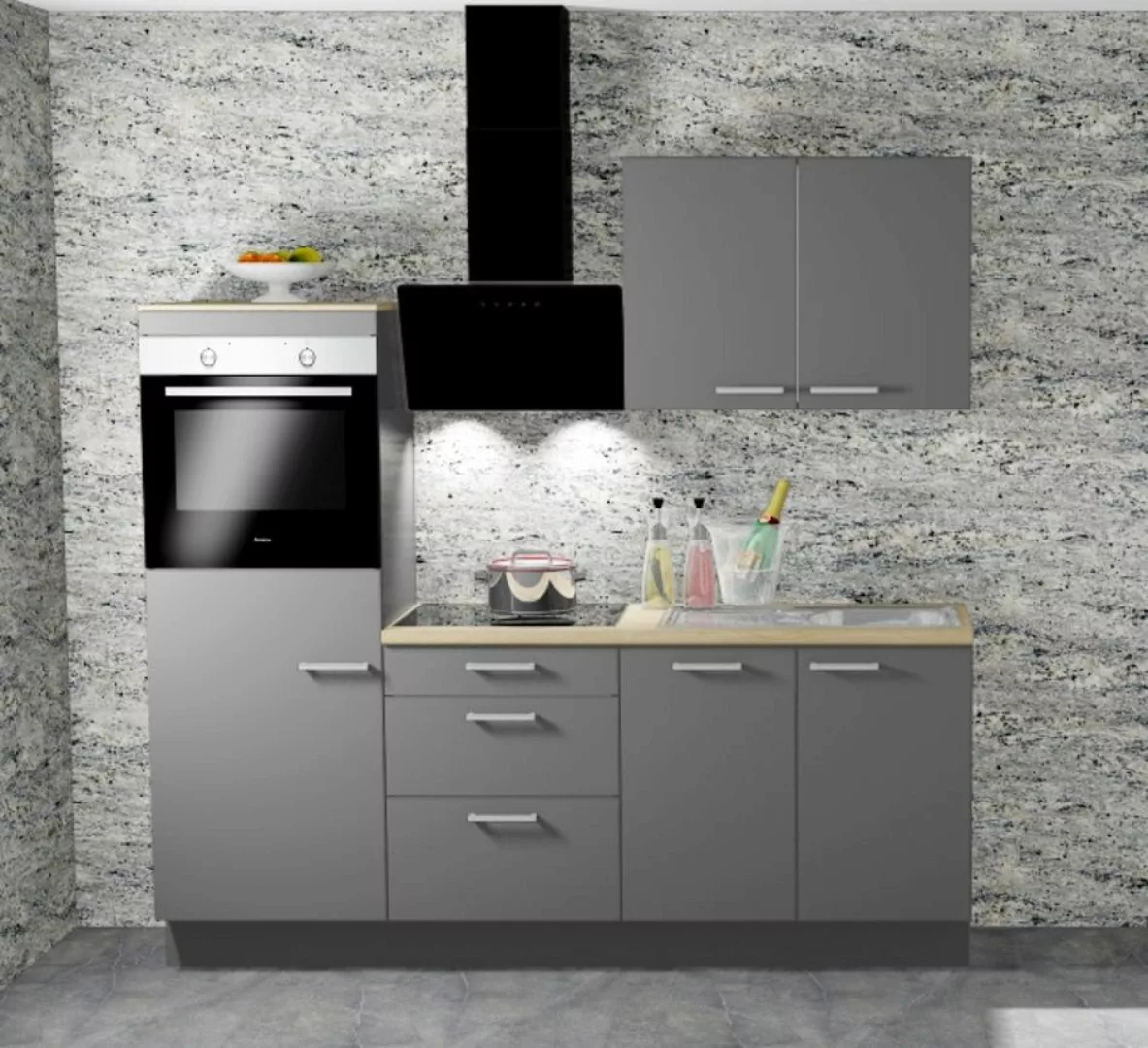 Einbauküche MANKAONYX 13 Onyxgrau - Schränke montiert/ Küchenzeile 215 cm m günstig online kaufen
