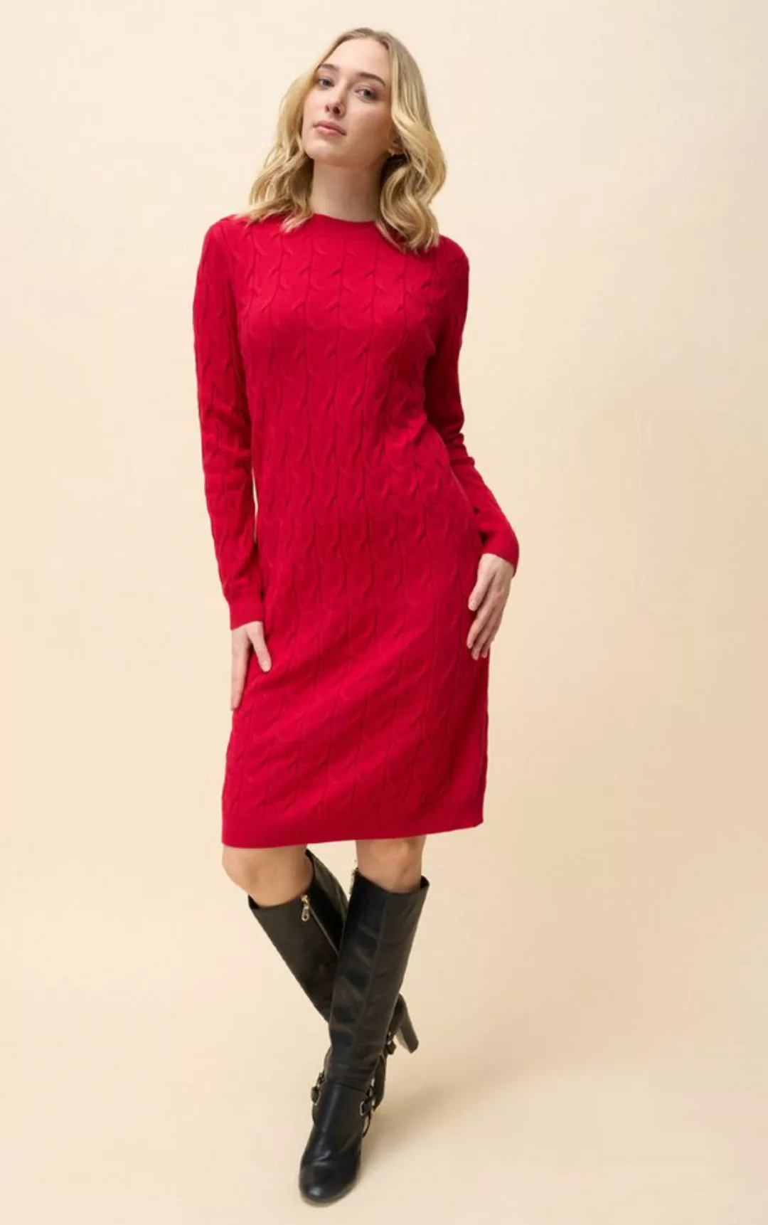 Passioni Strickkleid Rotes Winterkleid mit geradem Schnitt und Zopfmuster i günstig online kaufen