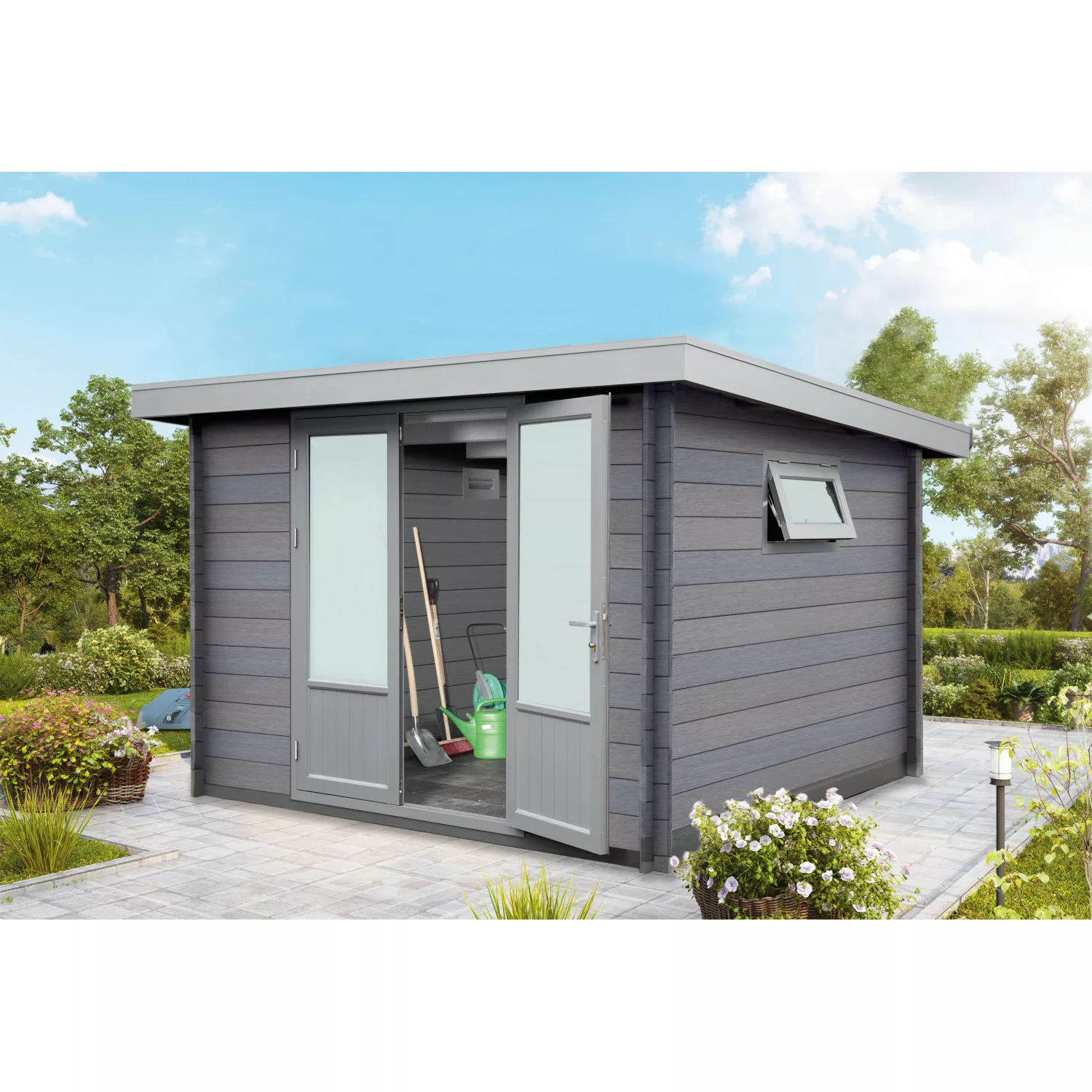 Wolff Finnhaus Kunststoff-Gartenhaus WPC-Trend C Grau 287 cm x 234 cm günstig online kaufen