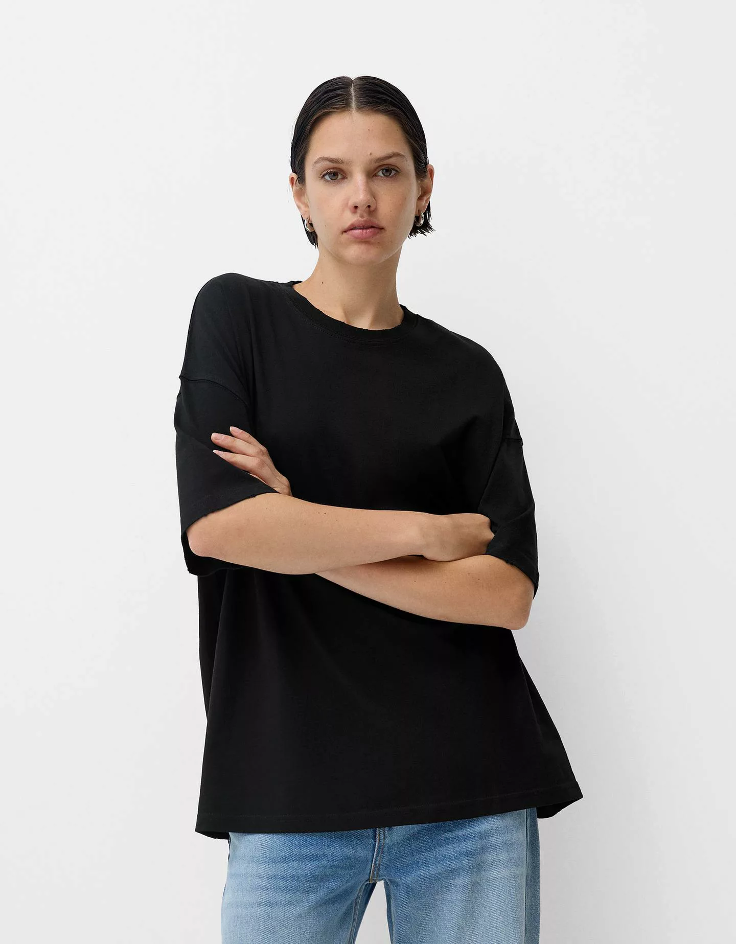 Bershka Kurzärmeliges Oversize-Shirt Damen M Schwarz günstig online kaufen