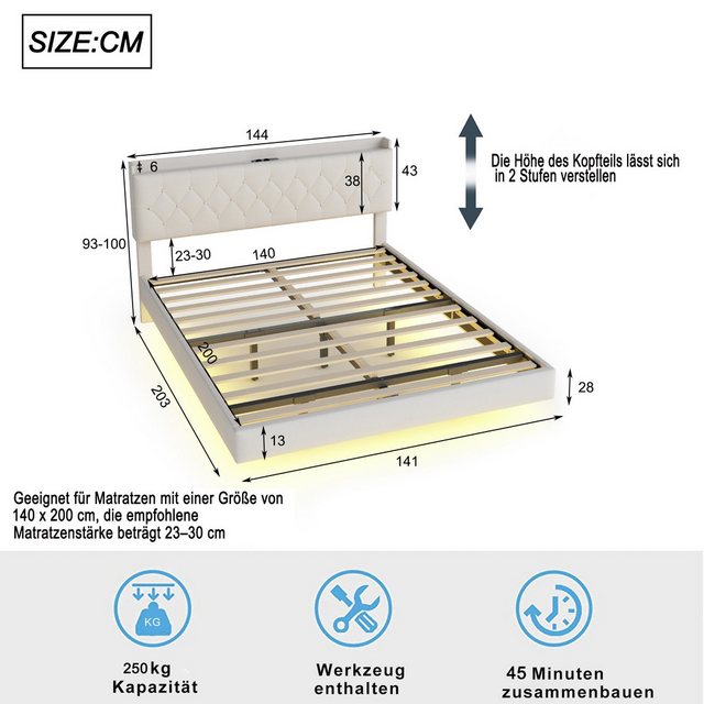 Flieks Polsterbett, LED Doppelbett 140x200cm mit Ladeanschluss und Stauraum günstig online kaufen