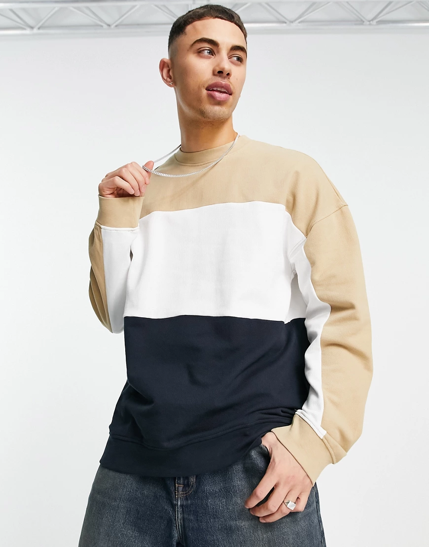 Only & Sons – Oversize-Sweatshirt mit Farbblockdesign in Beige und Schwarz- günstig online kaufen