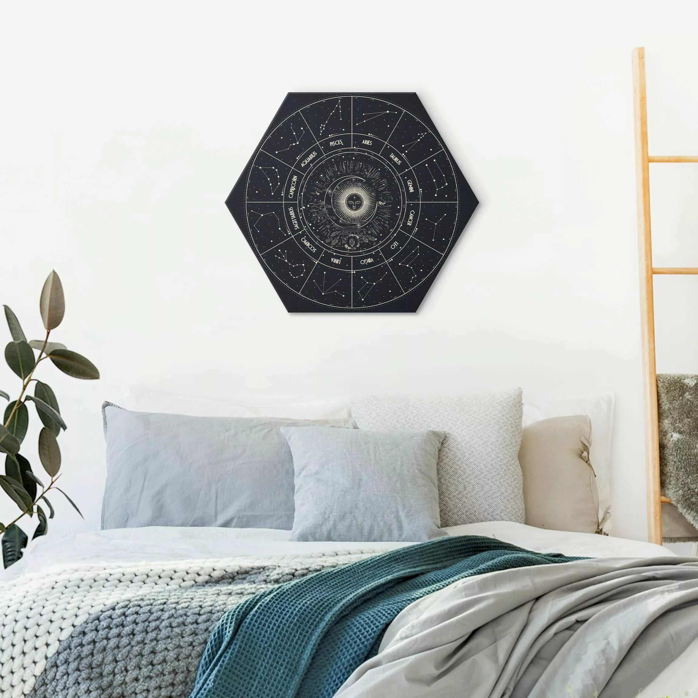 Hexagon-Alu-Dibond Bild Astrologie Die 12 Sternzeichen Blau Gold günstig online kaufen