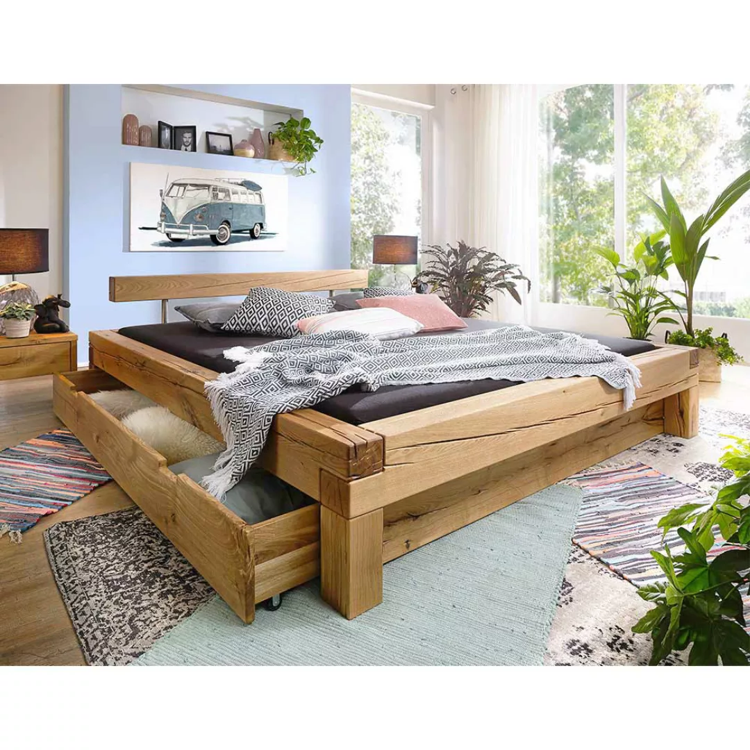 Balkenbett aus Wildeiche Massivholz rustikalen Landhausstil günstig online kaufen