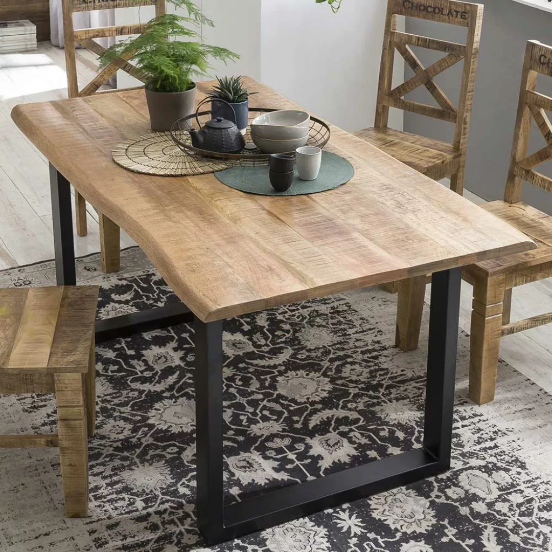 Baumkanten Tisch aus Mangobaum Massivholz und Stahl 160 cm breit günstig online kaufen