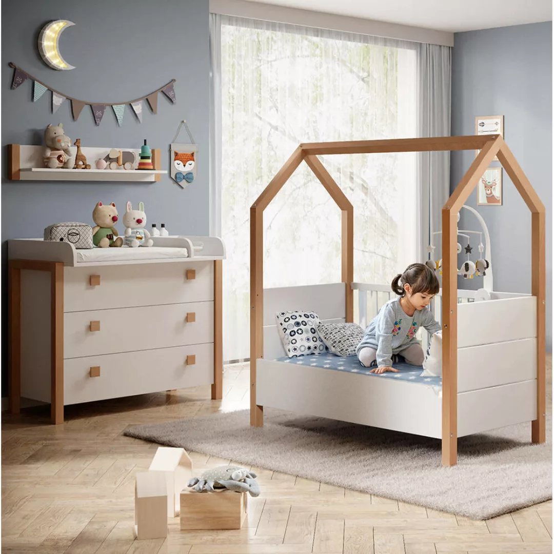 Kinderzimmer Set 3-teilig, Kiefer teilmassiv weiß, Birke, Liegefläche Hausb günstig online kaufen