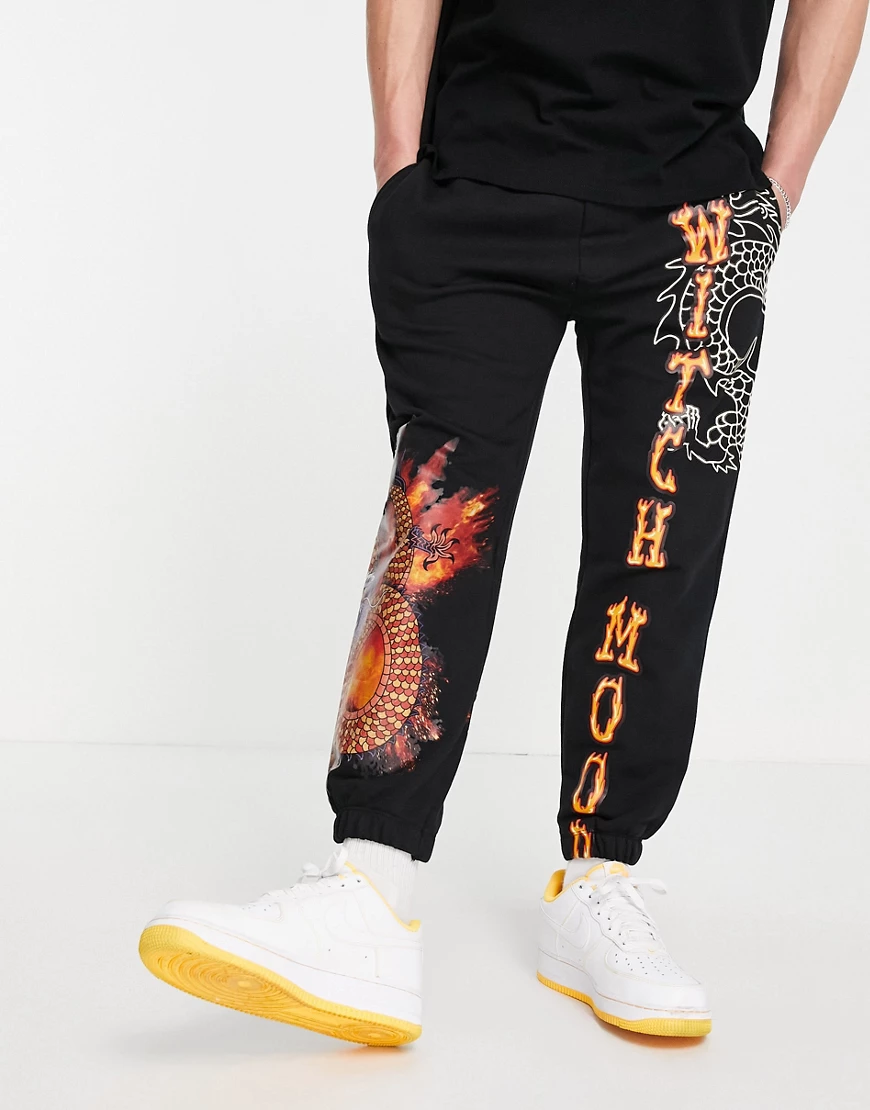 Pull&Bear – Jogginghose in Schwarz mit Flammenprint, Kombiteil günstig online kaufen