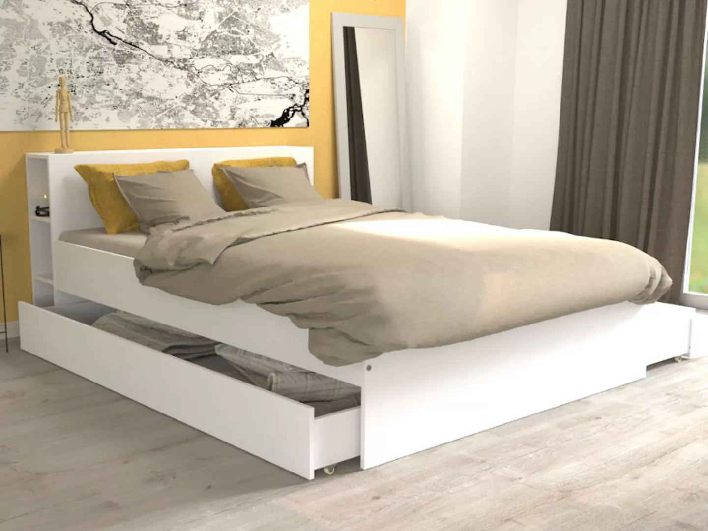 Bett mit Kopfteil & Stauraum & Schubladen + Lattenrost - 140 x 190 cm - Wei günstig online kaufen