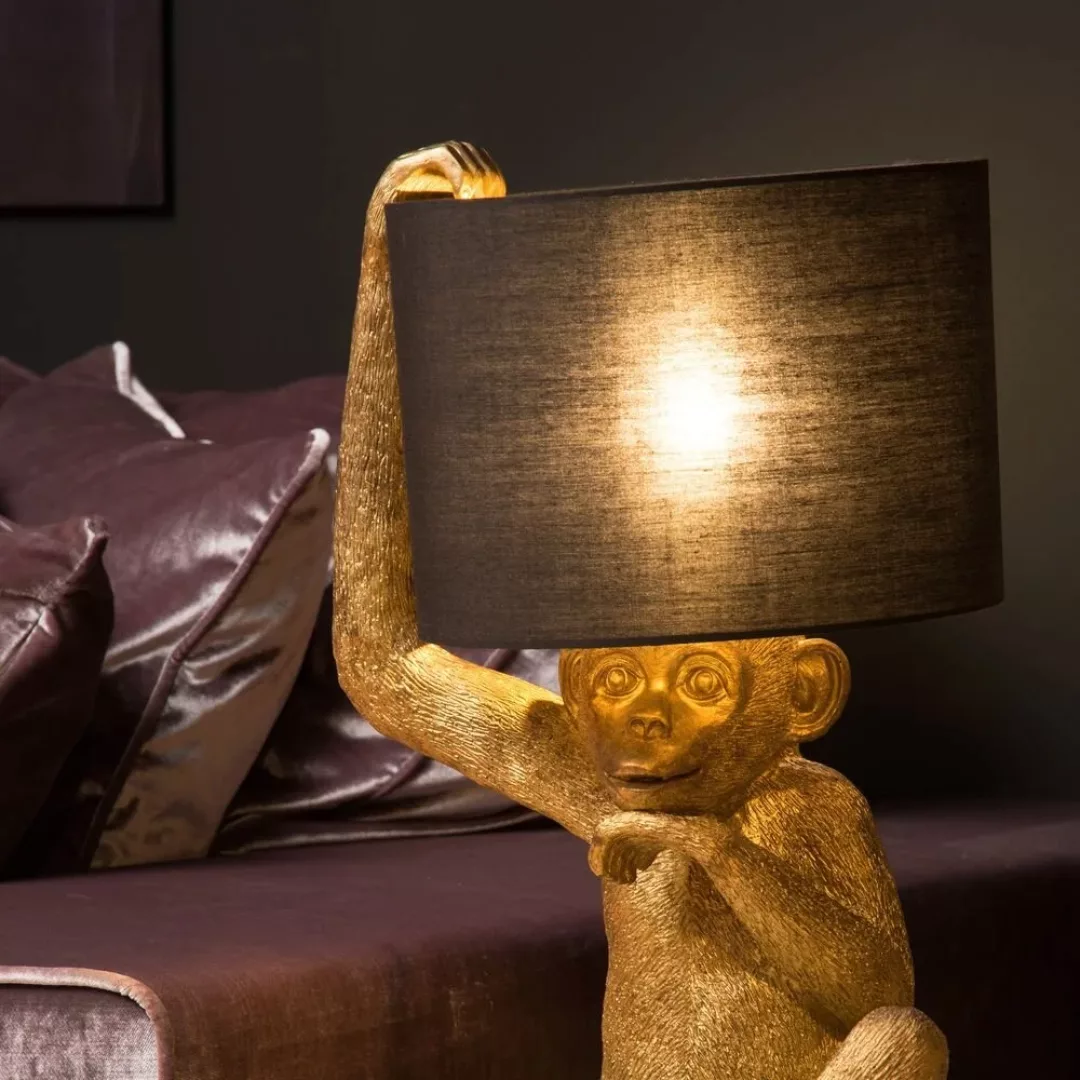 Affentischlampe Chimp in Gold mit Schirm aus Baumwolle in Schwarz E14 günstig online kaufen