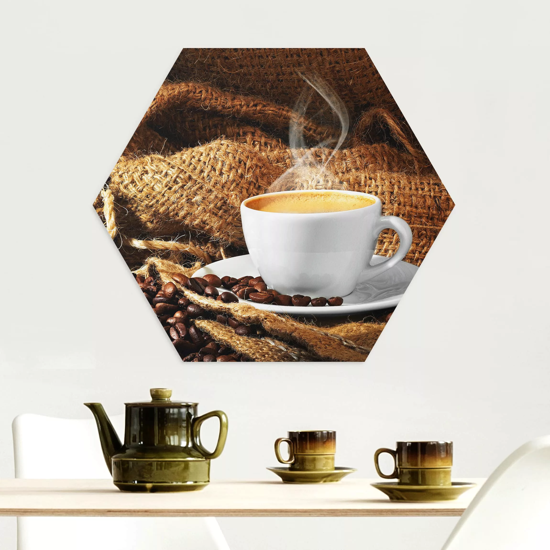 Hexagon-Alu-Dibond Bild Küche Kaffee am Morgen günstig online kaufen