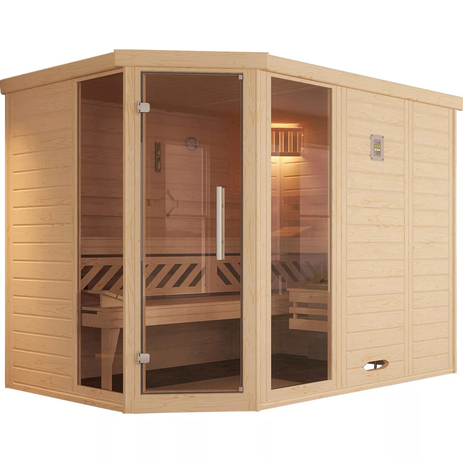 Weka Massivholzelementsauna Kemi Eck 2 Sparset 9 kW BioS Glastür/2 Fenster günstig online kaufen