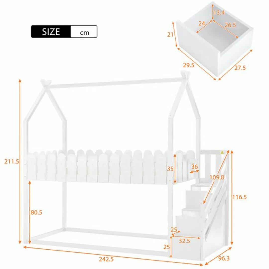 KLAM HOME Kinderbett Massivholz Etagenbett mit 3 Treppen 2 Schubladen und Z günstig online kaufen