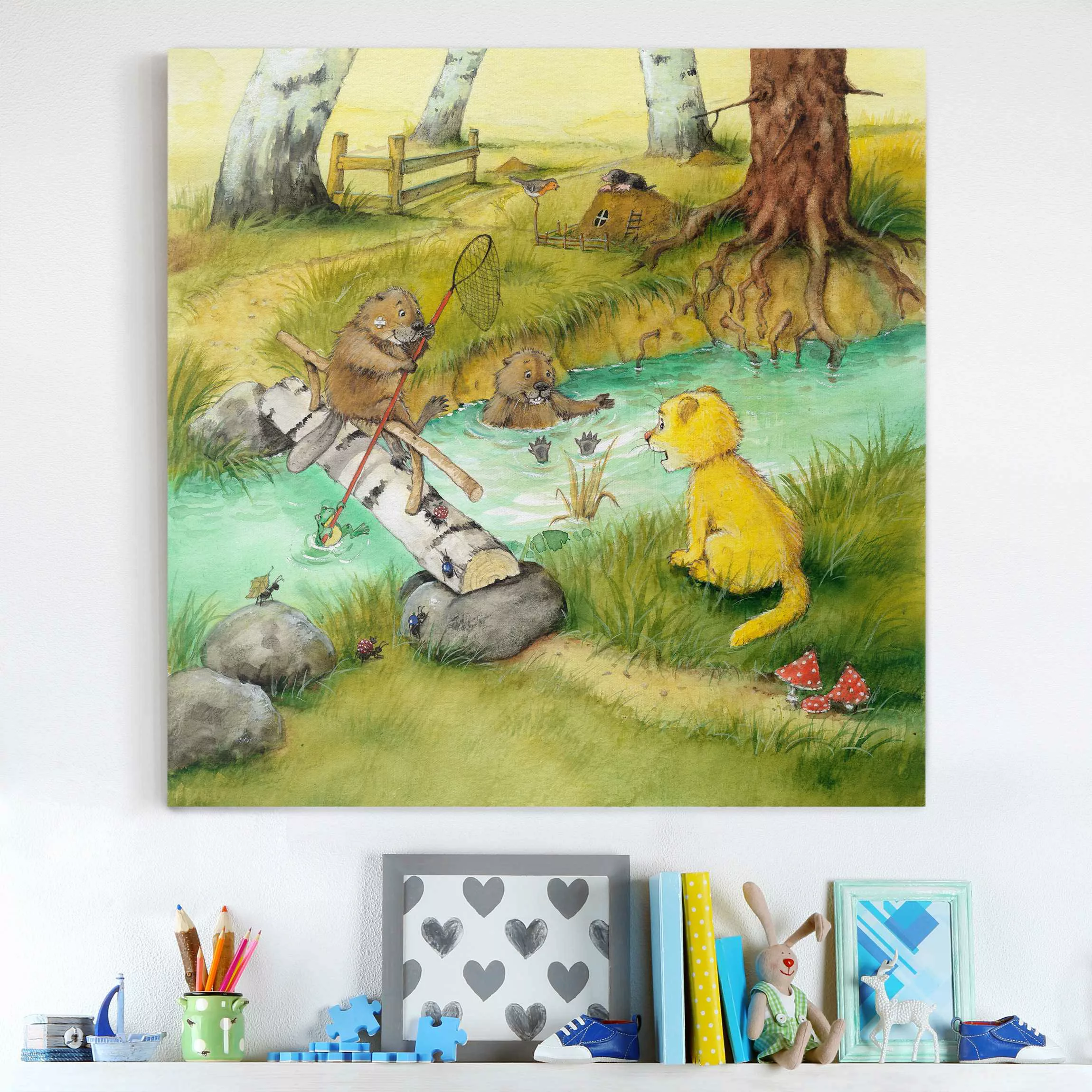 Leinwandbild Kinderzimmer - Quadrat Kleiner Tiger - Mit den Bibern günstig online kaufen