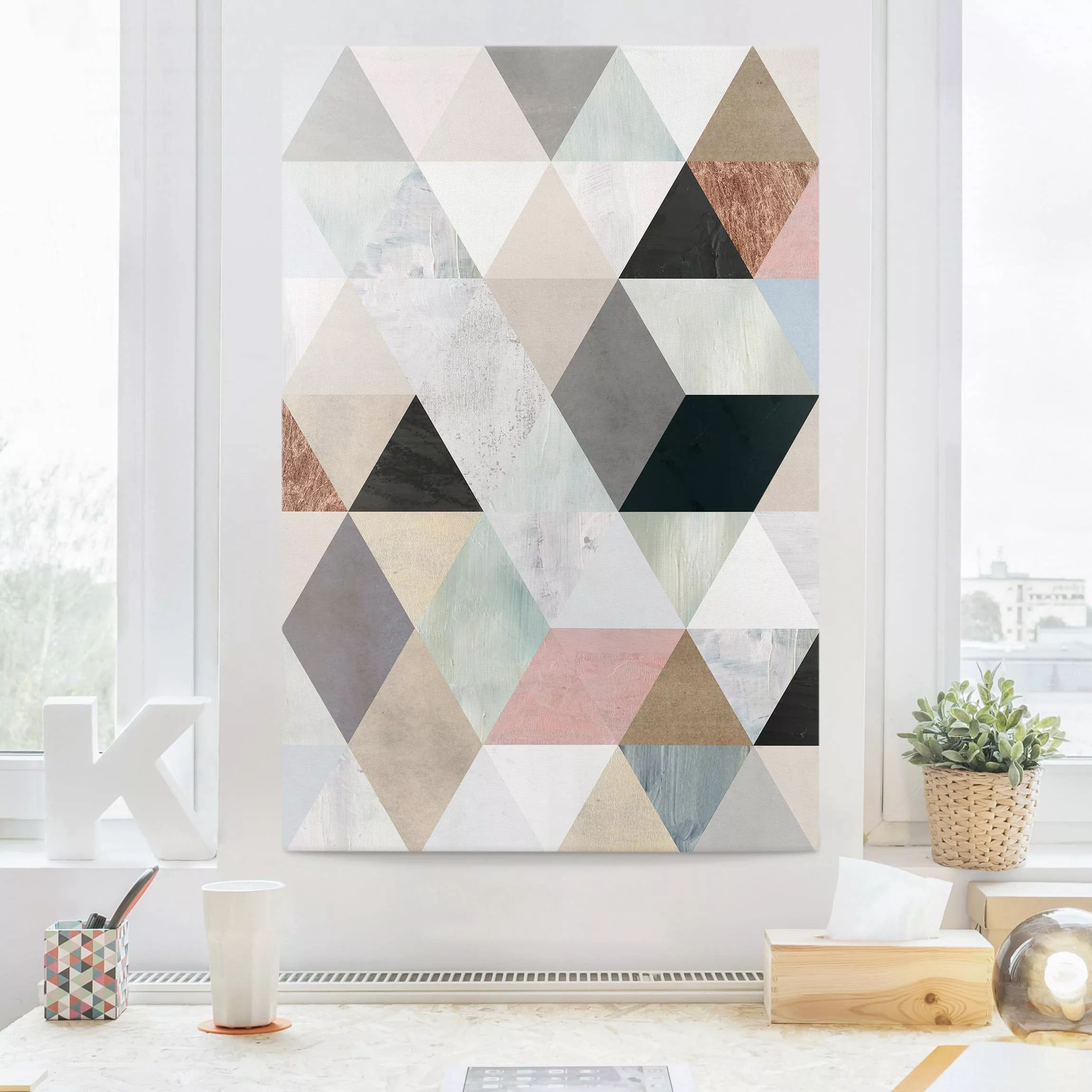 Leinwandbild Muster - Hochformat Aquarell-Mosaik mit Dreiecken I günstig online kaufen