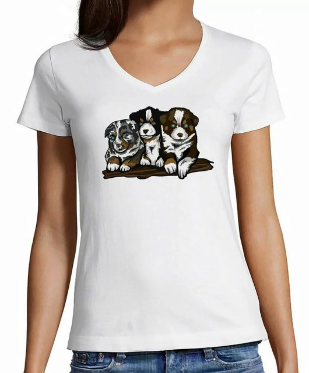 MyDesign24 T-Shirt Damen Hunde Print Shirt - Drei Hundewelpen V-Ausschnitt günstig online kaufen