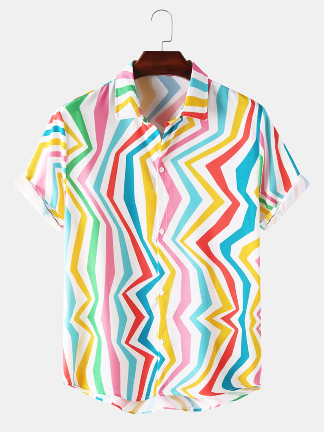 Mens Colorful Irregular Striped Print Light Kurzarmhemden günstig online kaufen