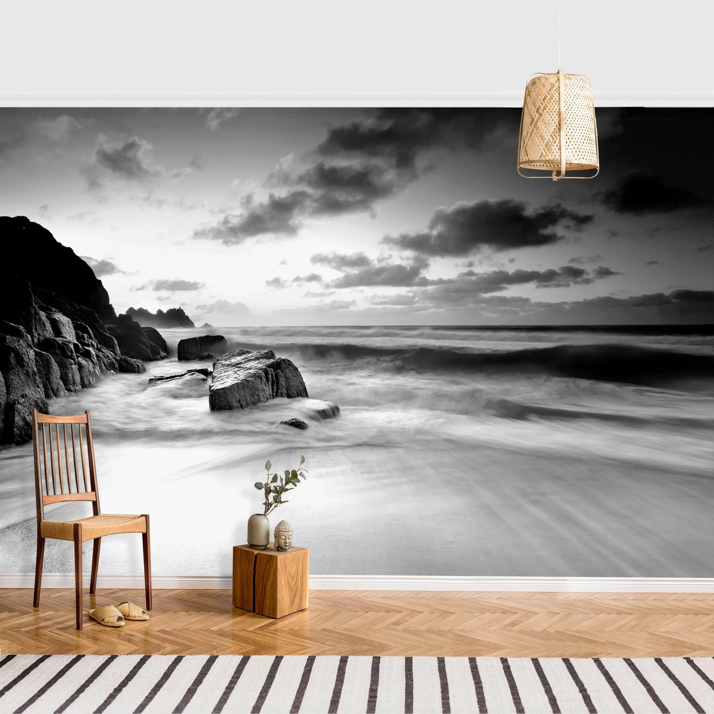 Fototapete Am Meer in Cornwall Schwarz-Weiß günstig online kaufen