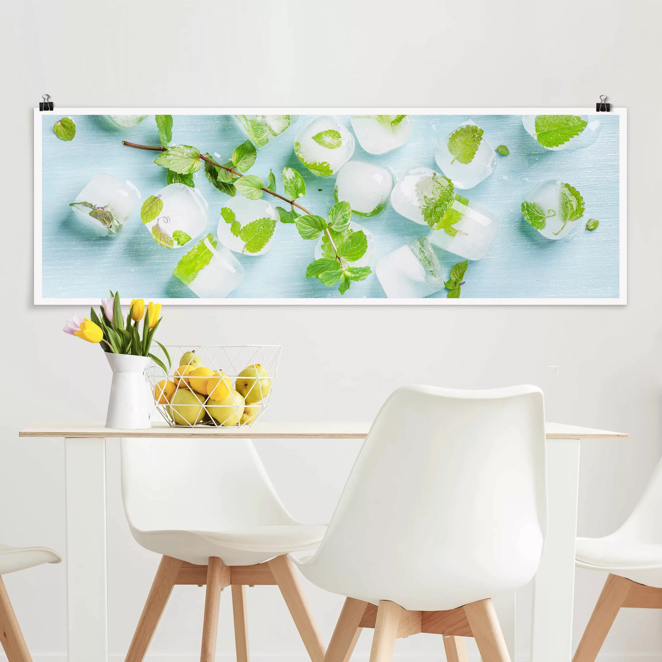 Panorama Poster Küche Eiswürfel mit Minzblättern günstig online kaufen