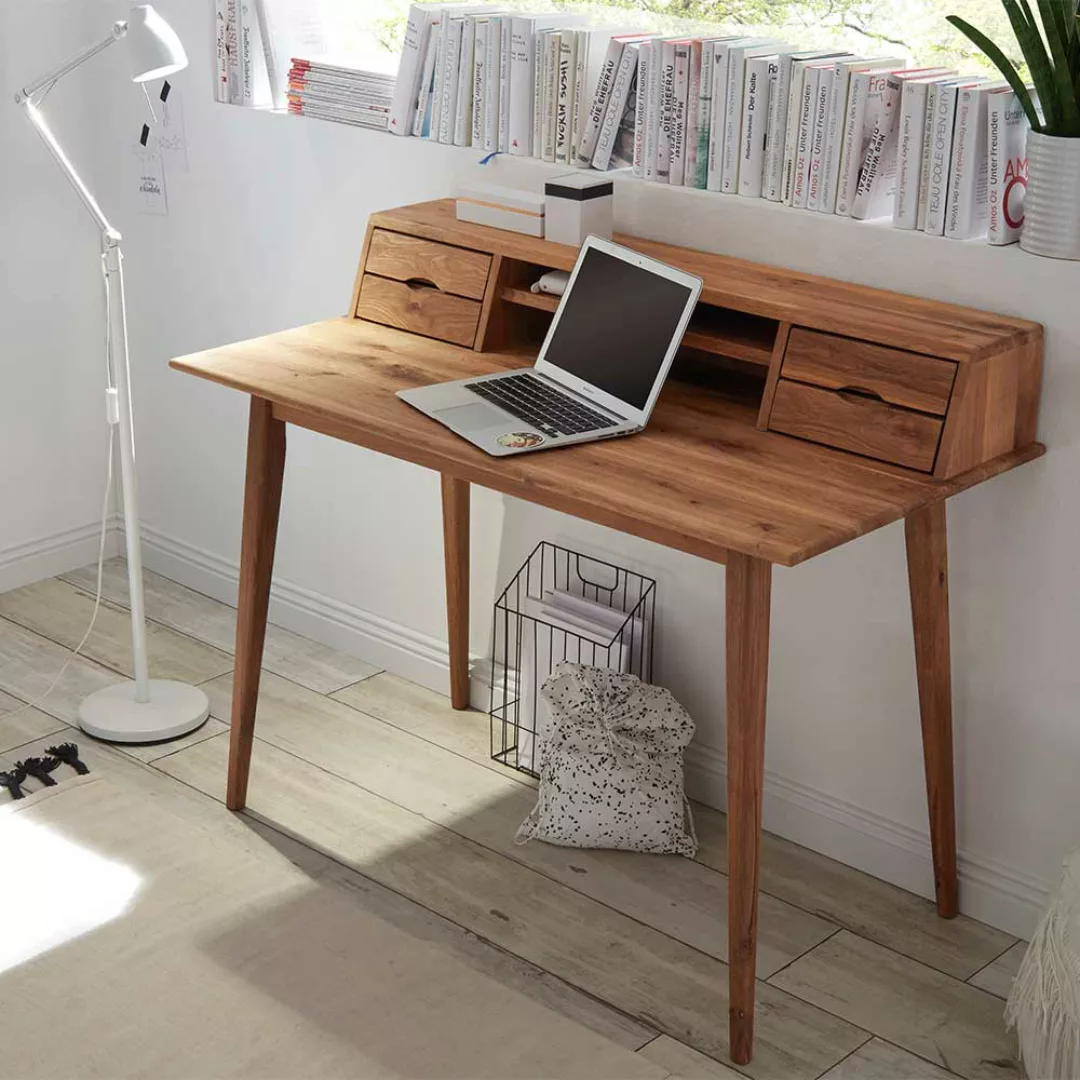 Holz Schreibtisch aus Asteiche Massivholz Aufsatz günstig online kaufen