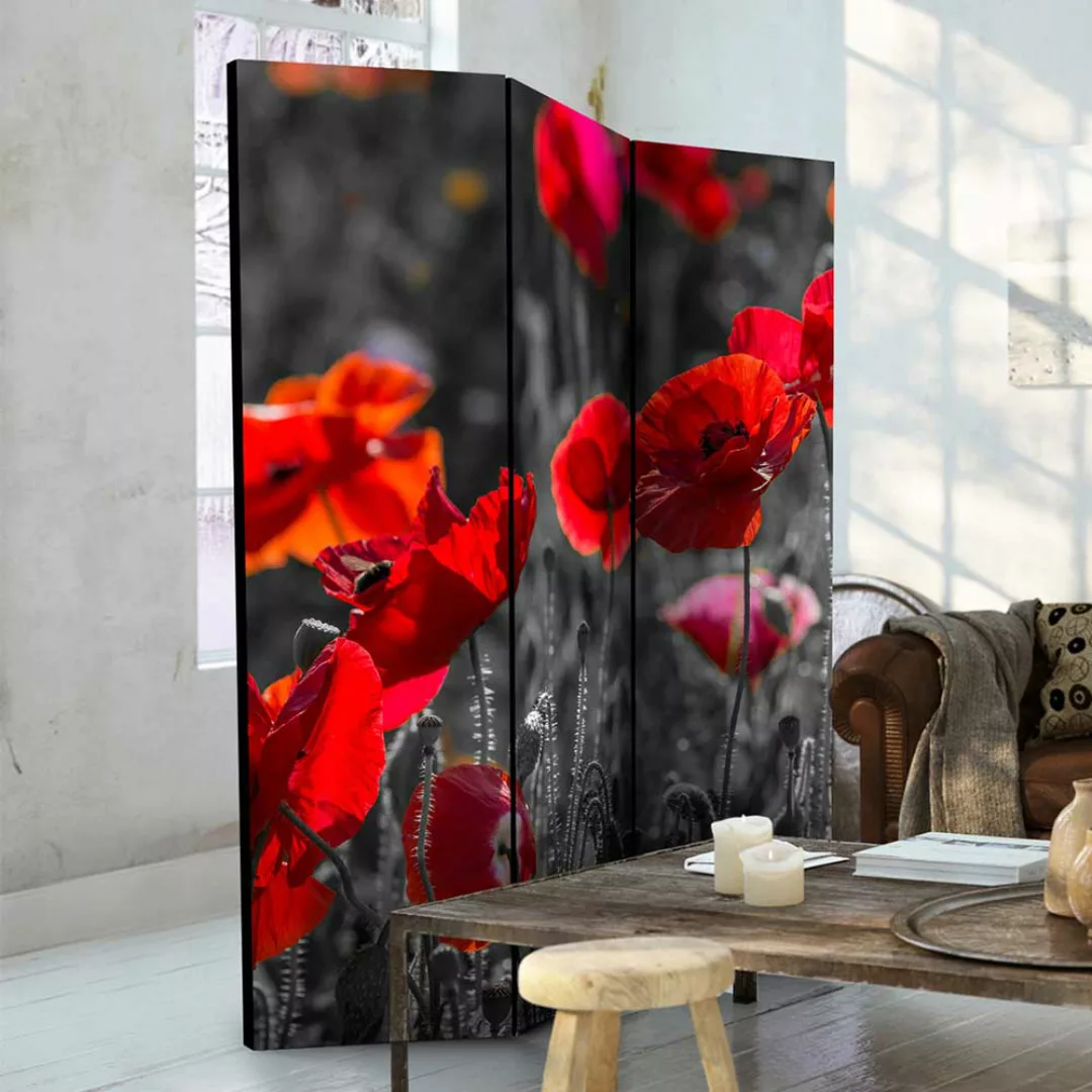 Paravent mit Mohnblumen Motiv Rot und Grau günstig online kaufen