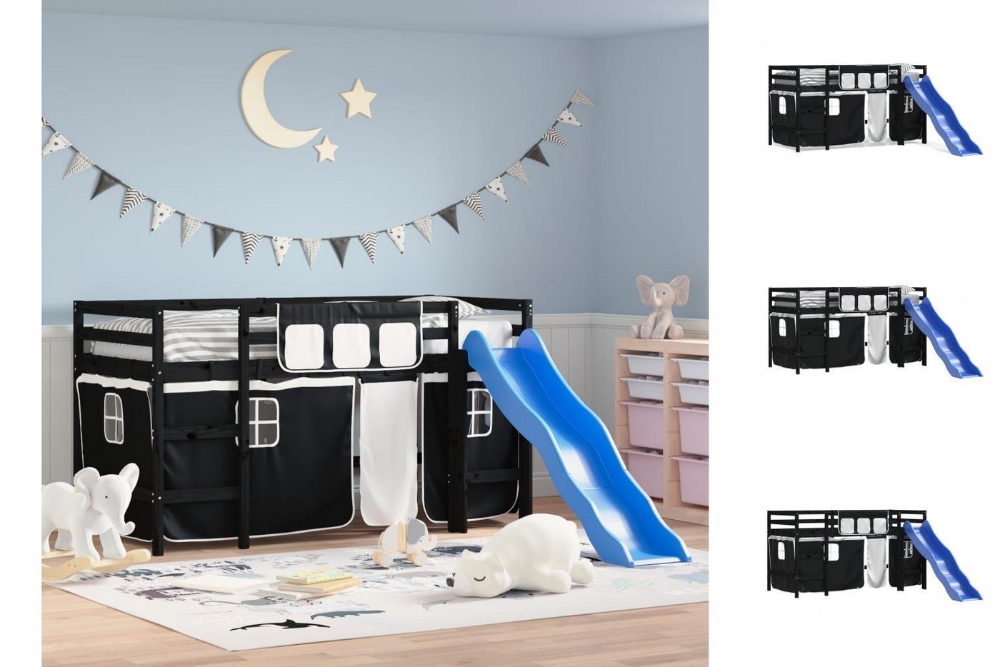 vidaXL Kinderbett Kinderhochbett mit Vorhängen Weiß Schwarz 90x190 cm Kiefe günstig online kaufen