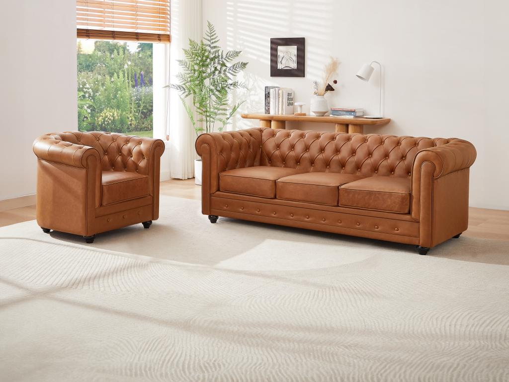 Sofa 3-Sitzer & Sessel - Rindsleder - Camelfarben - CHESTERFIELD günstig online kaufen