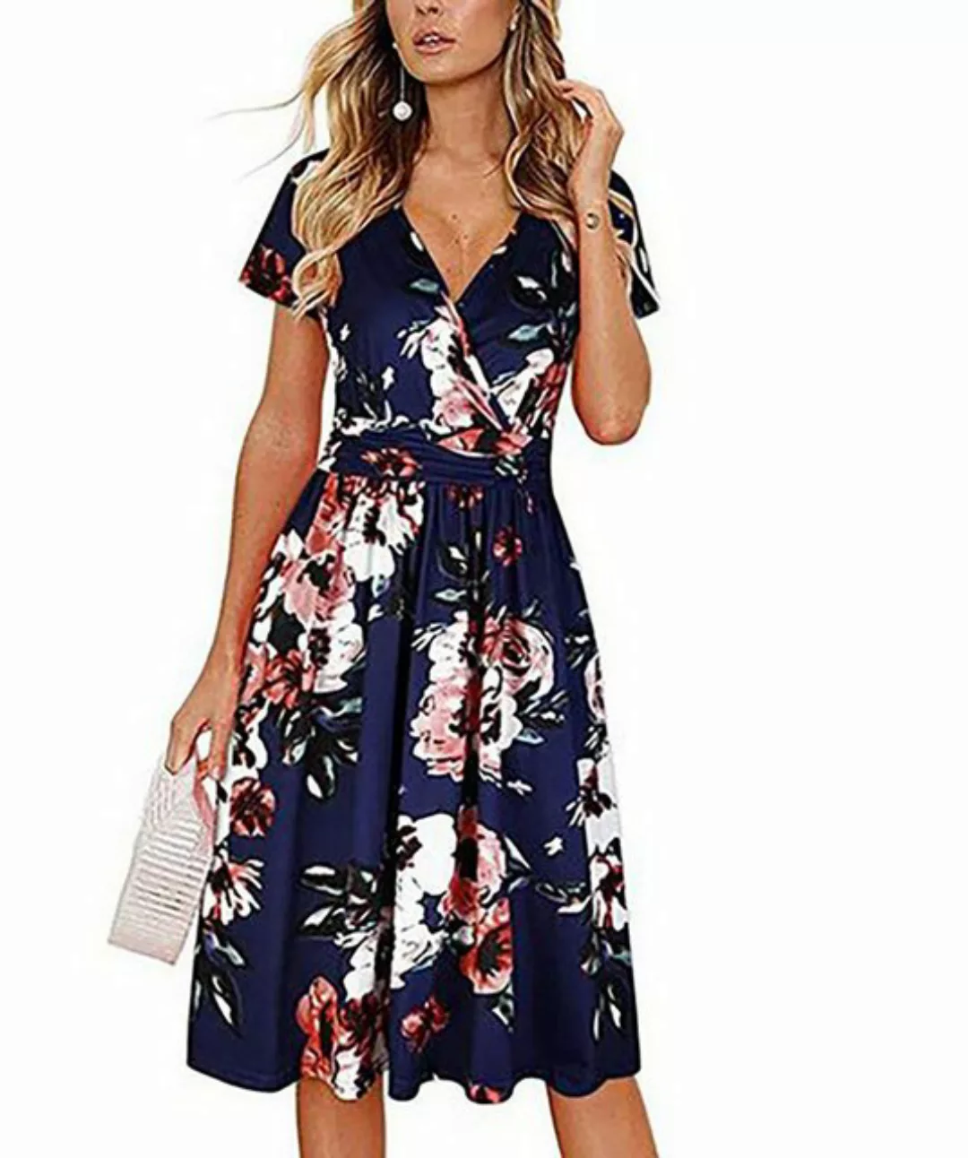 BlauWave Sommerkleid Bedrucktes Kleid mit V-Ausschnitt geblümtes MidiWickel günstig online kaufen