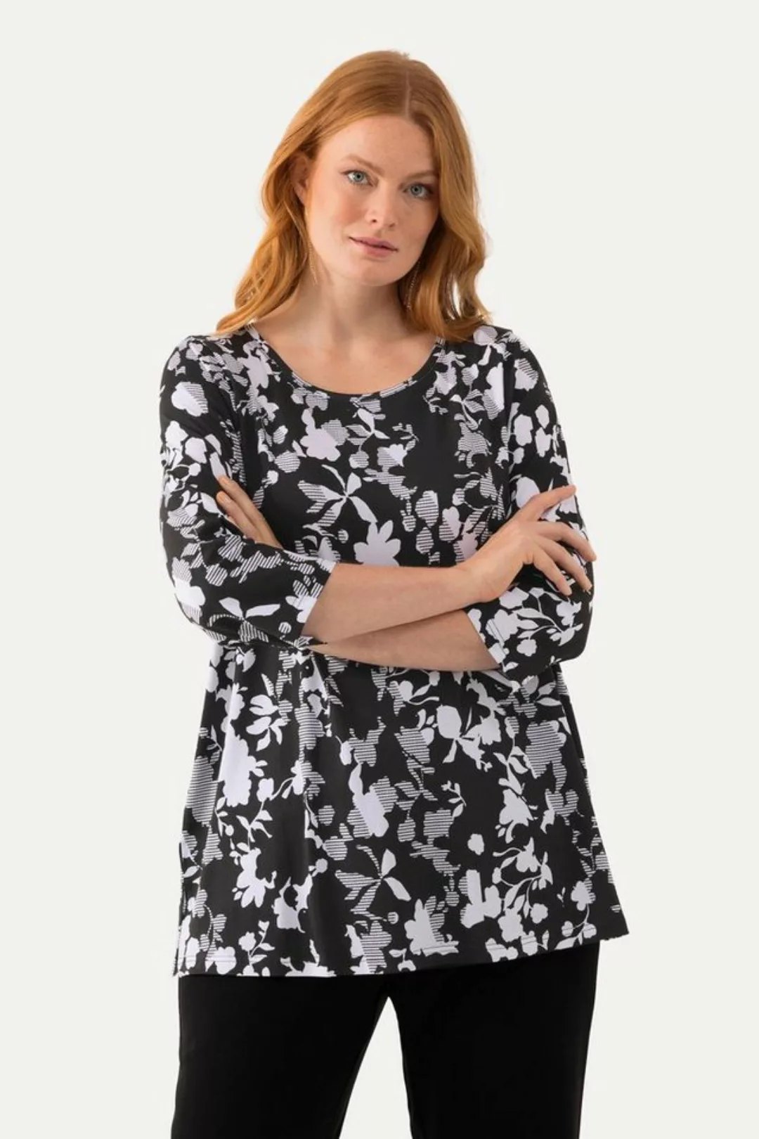 Ulla Popken Rundhalsshirt Shirt Pima Cotton A-Linie Rundhals 3/4-Arm günstig online kaufen