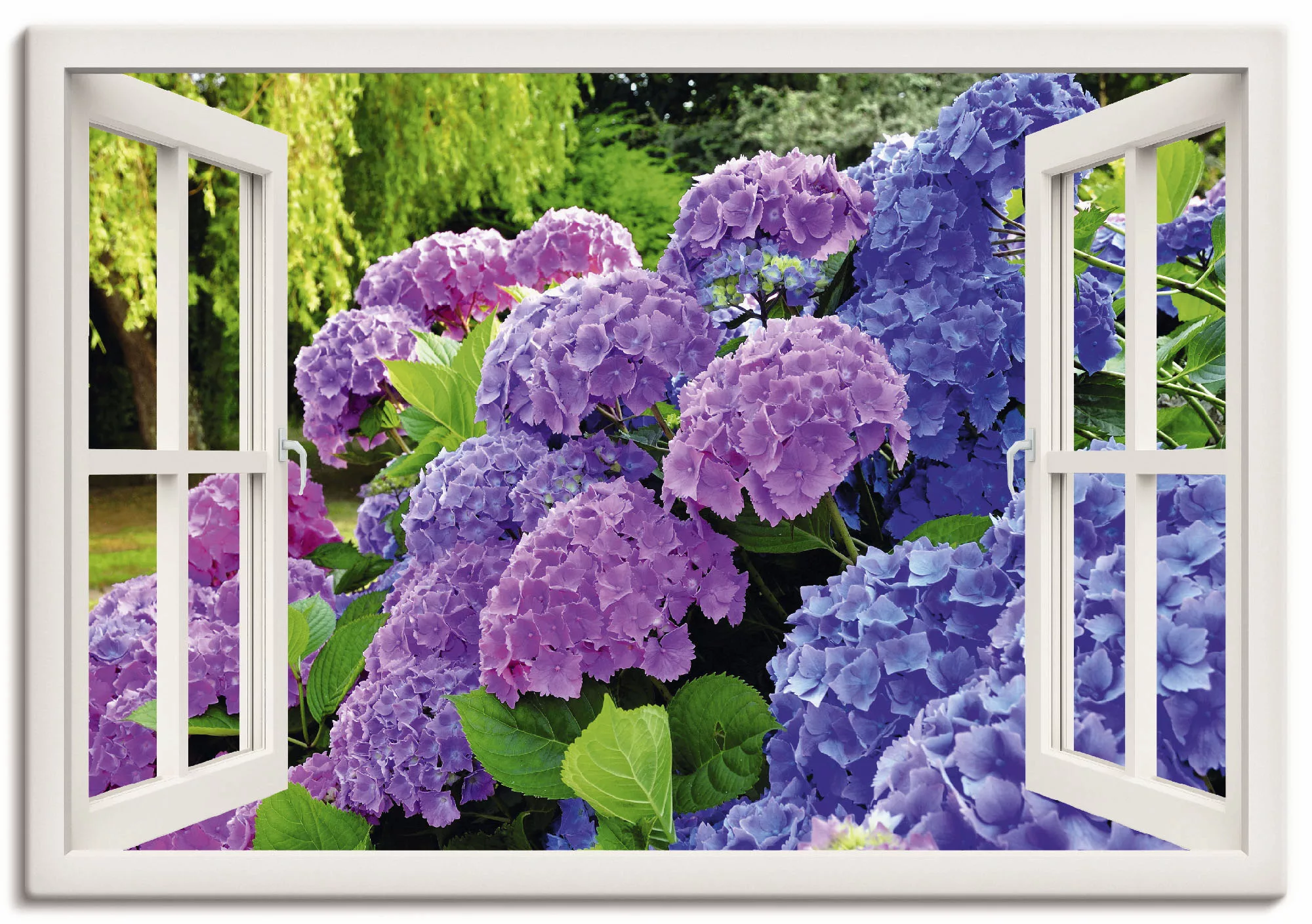 Artland Wandbild »Fensterblick Hortensien im Garten«, Blumen, (1 St.), als günstig online kaufen