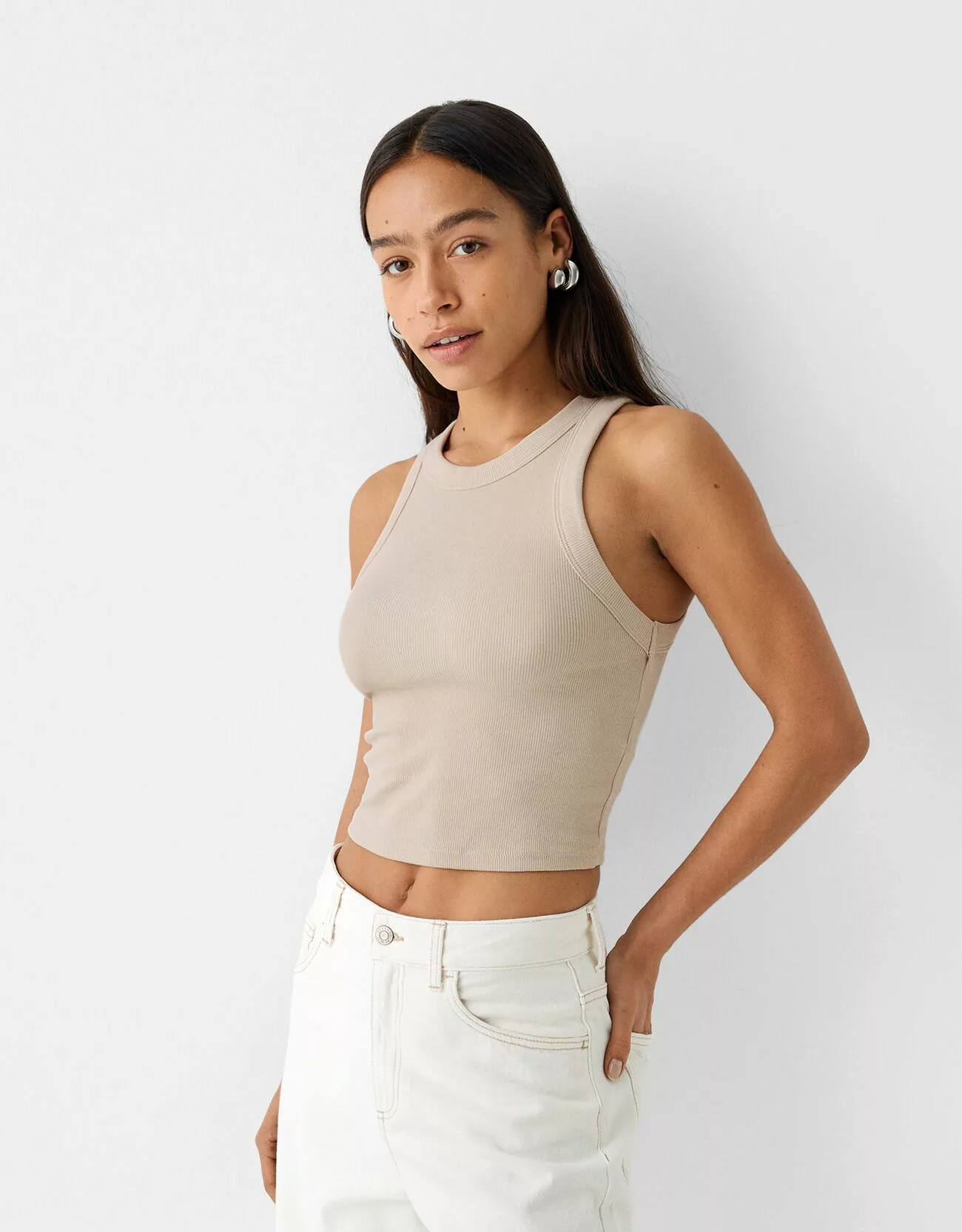 Bershka Ärmelloses Shirt Mit Patentmuster Damen M Sandfarbe günstig online kaufen