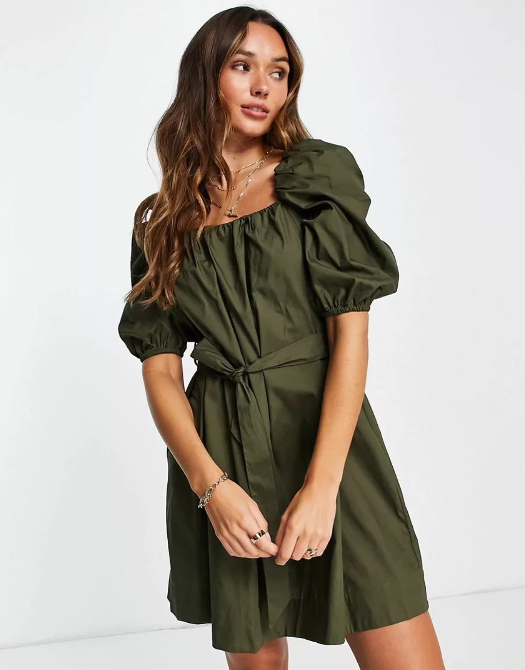 Mango – Popeline-Kleid in Khaki mit Puffärmeln-Grün günstig online kaufen