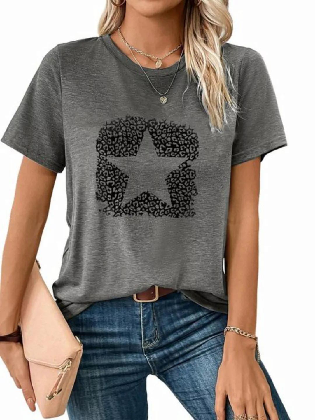 PYL Print-Shirt Damen Sommer Casual T-Shirt mit Stern Print Tee günstig online kaufen