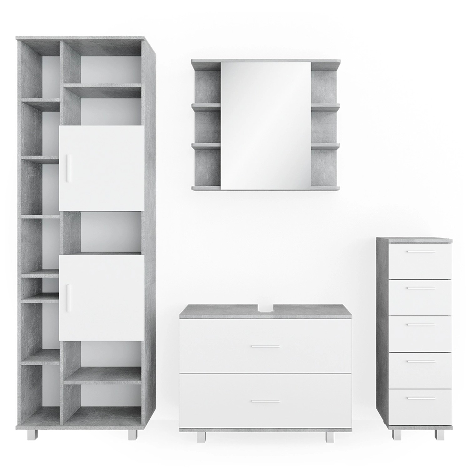 Vicco Badmöbel-Set Ilias Beton/Weiß 4 Teile mit Hochschrank günstig online kaufen