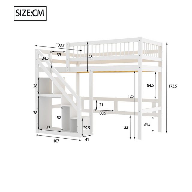 Flieks Hochbett Massivholz Einzelbett Kinderbett 90x200cm mit Stauraumtrepp günstig online kaufen