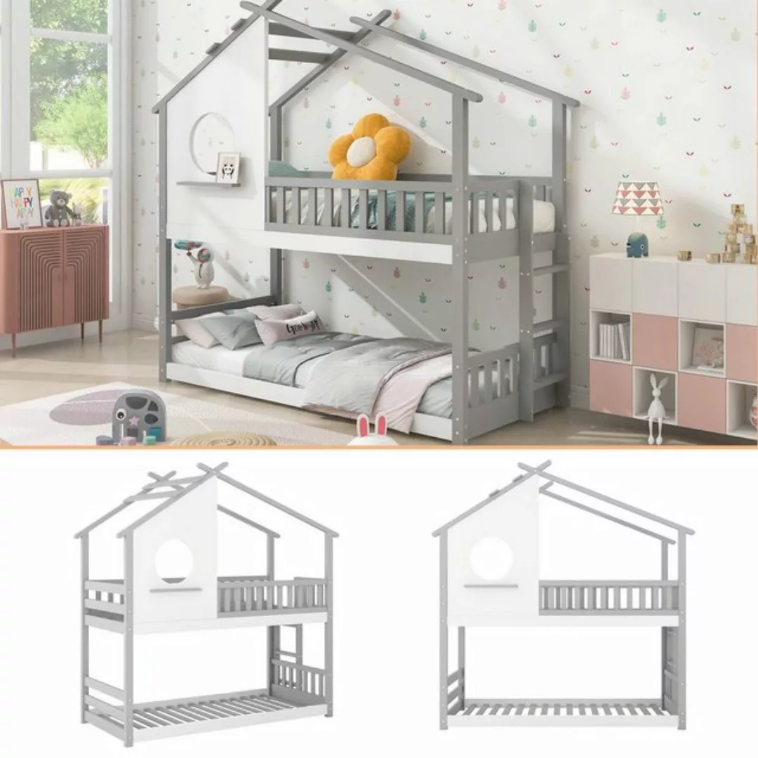 WISHDOR Kinderbett Jugendbett Hausbett Massivholzbett (Grau+weiß (200x90cm) günstig online kaufen