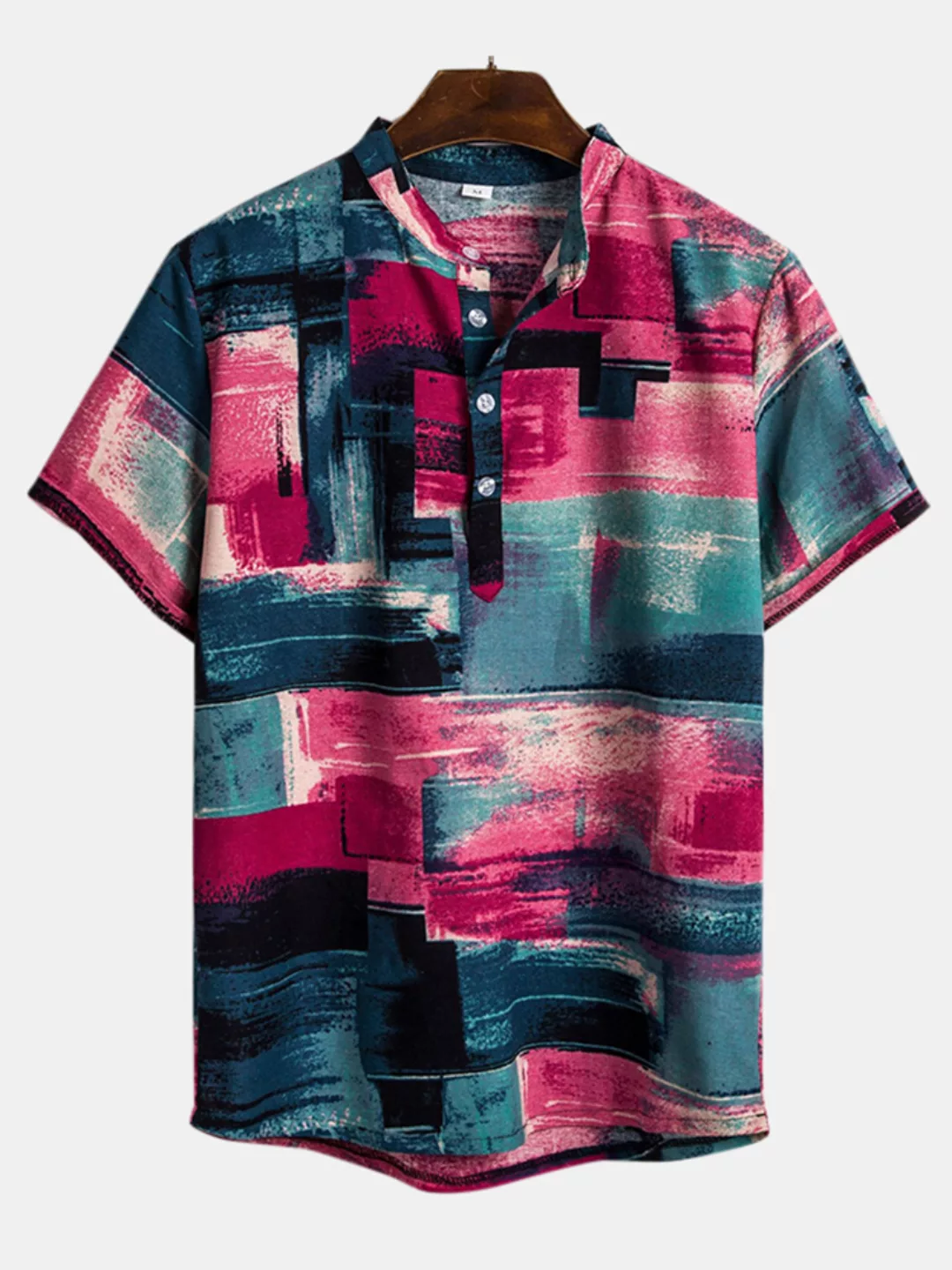 Herren Colorblock Printed Casual Kurzarm Henley Shirt günstig online kaufen