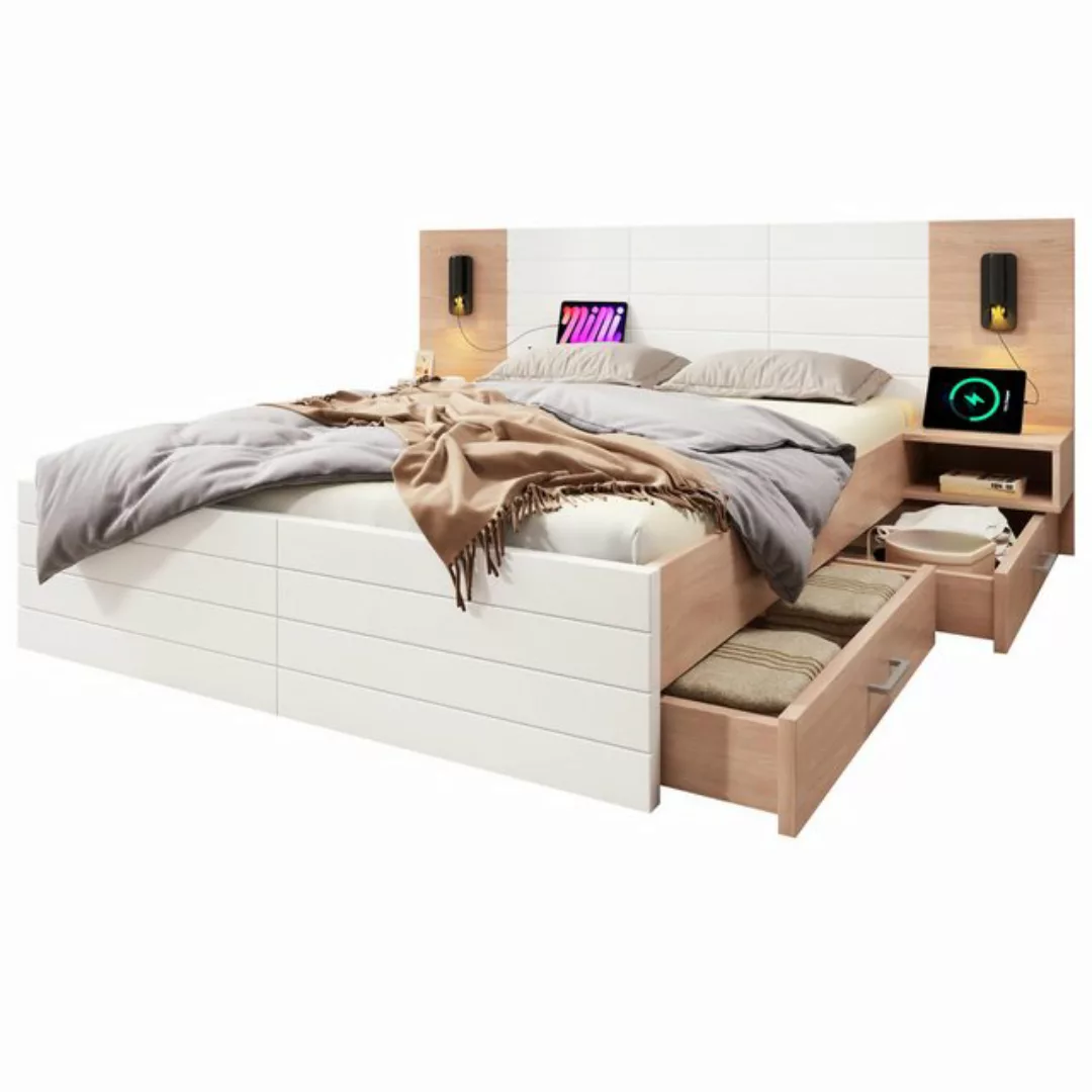 TavilaEcon Holzbett Doppelbett mit 2 Schubladen & 2 Nachtkommode, Weiß & Na günstig online kaufen