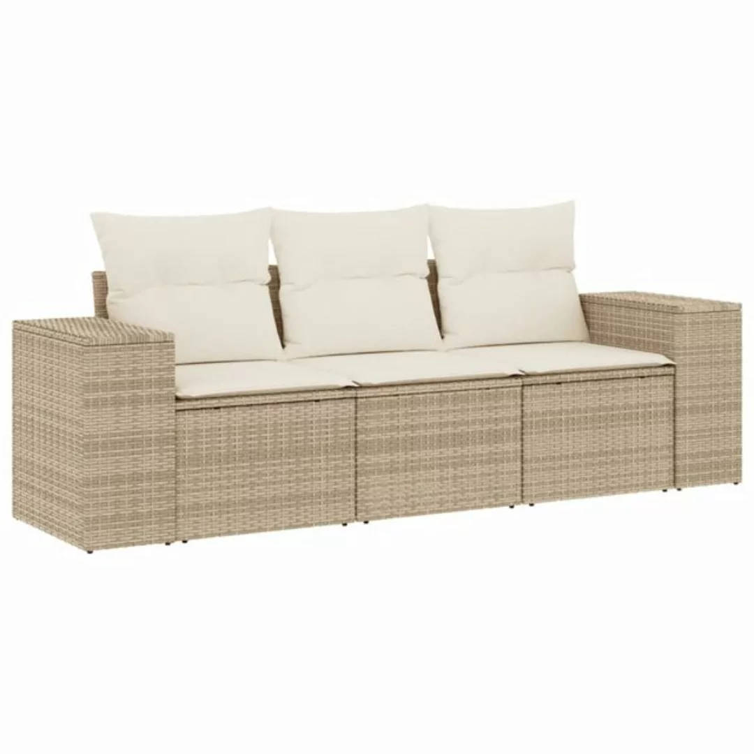 vidaXL Loungesofa 3-tlg. Garten-Sofagarnitur mit Kissen Beige Poly Rattan, günstig online kaufen