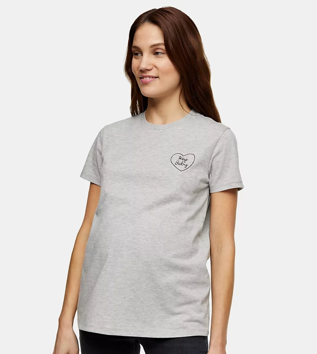 Topshop Maternity – T-Shirt mit „Hey Baby“-Schriftzug in Grau günstig online kaufen