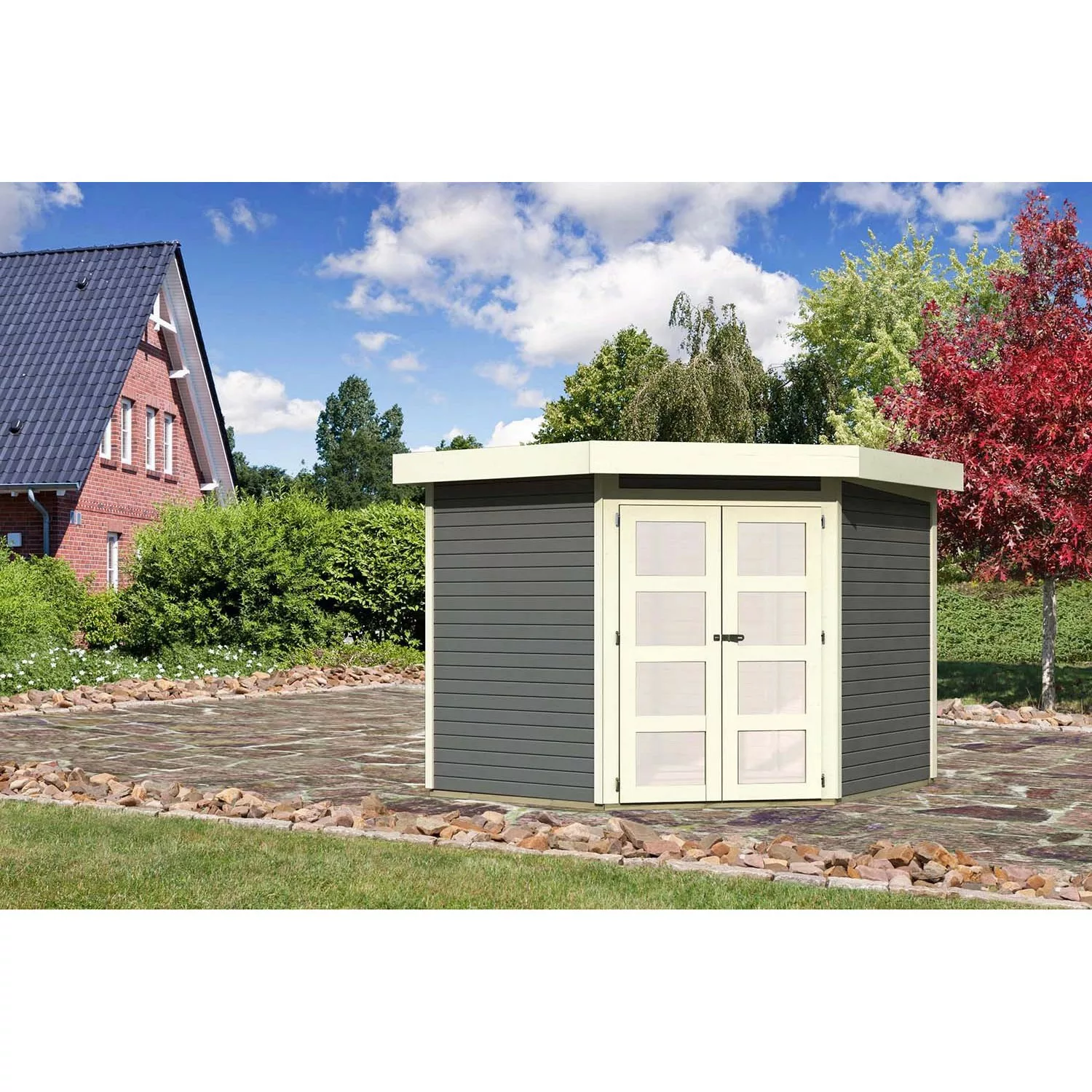 Karibu Holz-Gartenhaus/Gerätehaus Vilsbiburg Terragrau Flachdach Lackiert 2 günstig online kaufen