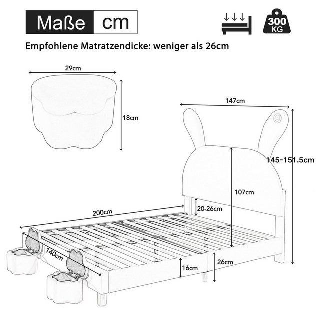 Flieks Polsterbett, LED Kinderbett 140x200cm mit ausklappbaren Hasenohren+ günstig online kaufen