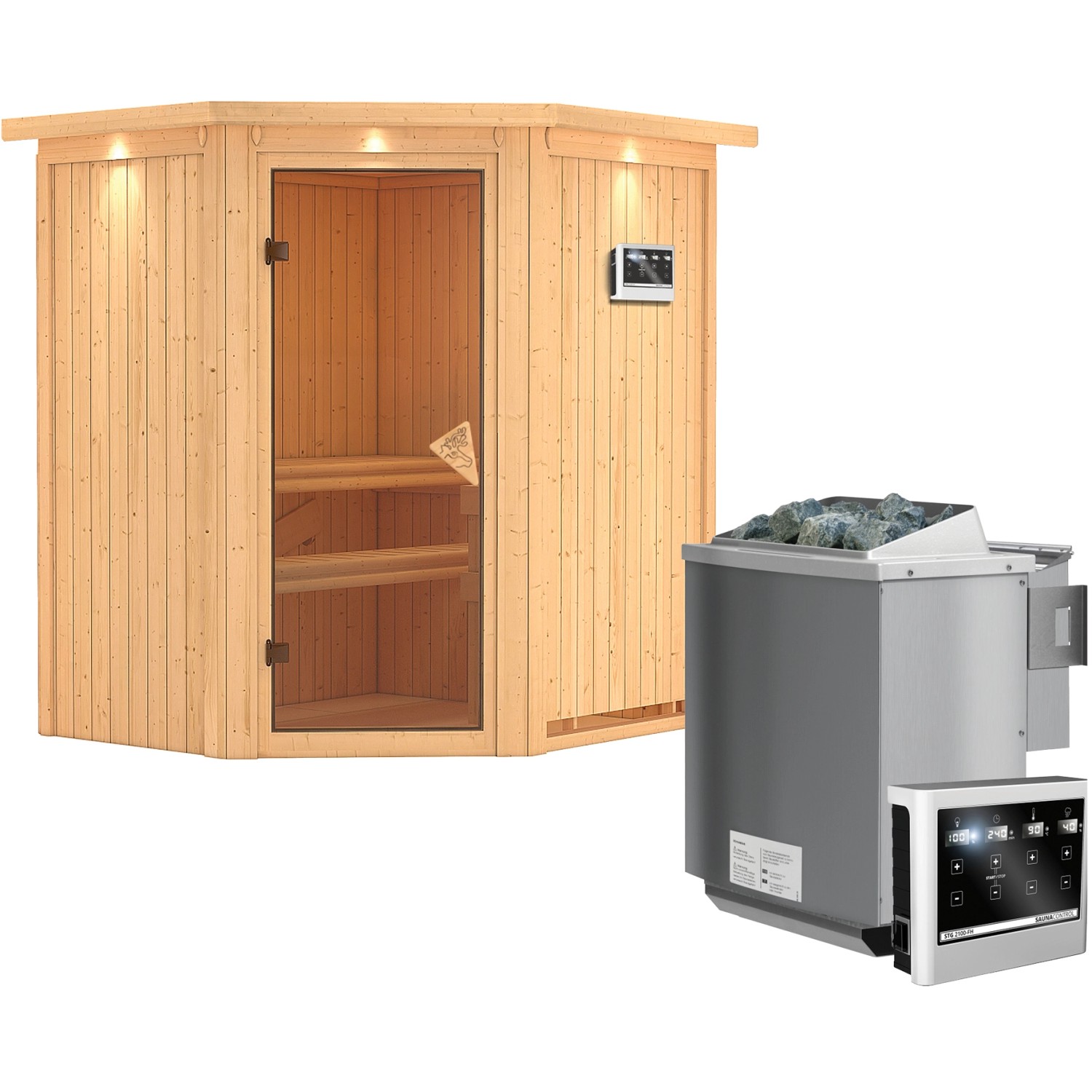 Karibu Sauna-Set Tjorven inkl. Bio-Ofen 9 kW mit ext. Steuerung, Dachkranz günstig online kaufen