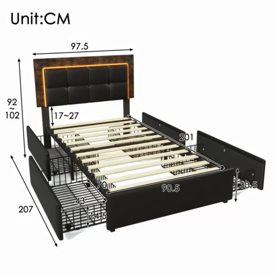 HAUSS SPLOE Polsterbett 90x200cm mit LED-Beleuchtung, 4 Schubladen, PU Schw günstig online kaufen