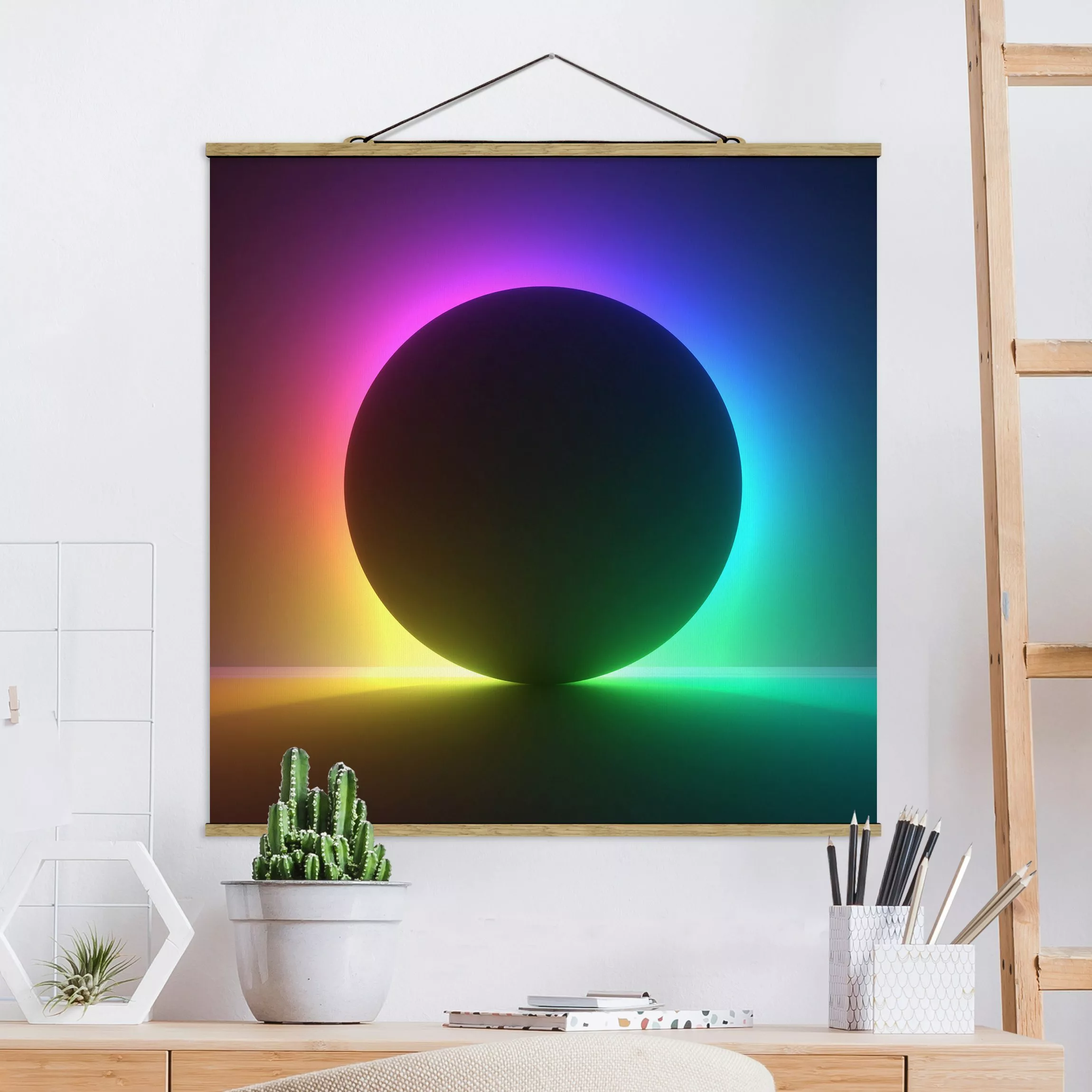 Stoffbild mit Posterleisten Schwarzer Kreis mit Neonlicht günstig online kaufen