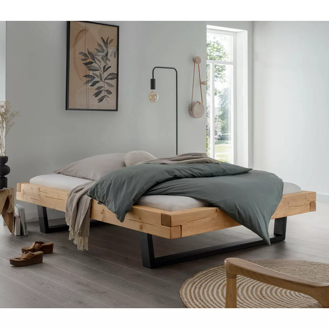 Massivholz Doppelbett, 140x200 cm, Fichte massiv, ohne Kopfteil, schwarze M günstig online kaufen