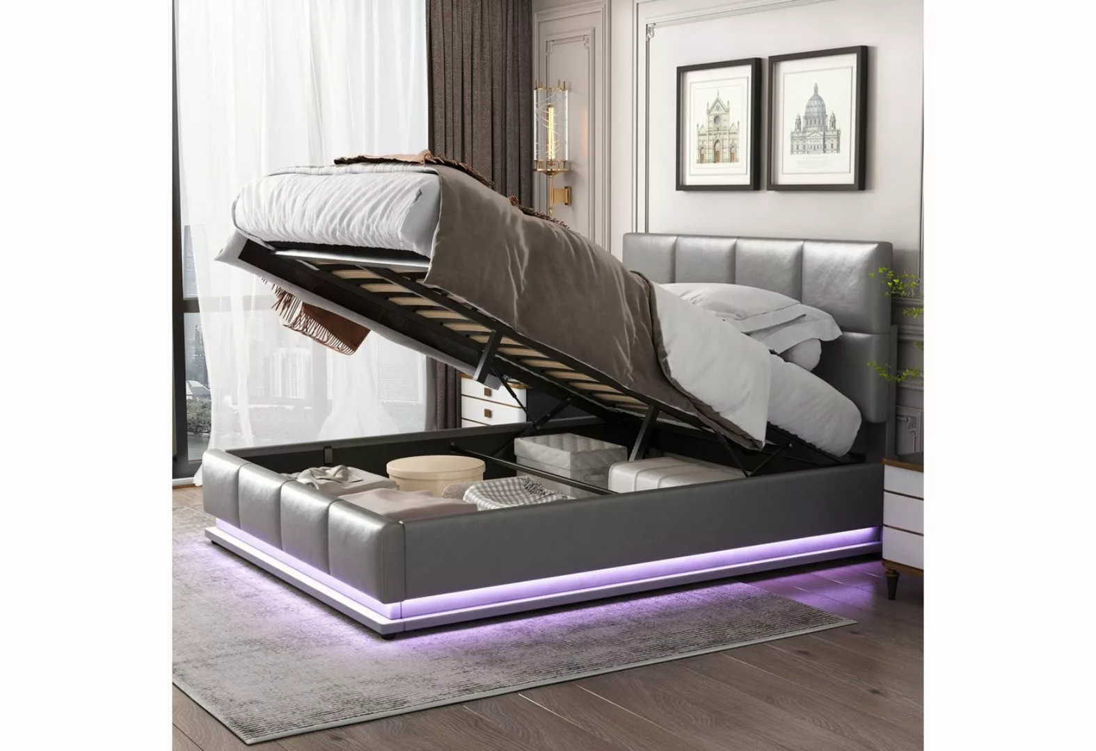 Flieks Polsterbett, LED hydraulisches Doppelbett Kunstleder 140x200cm günstig online kaufen